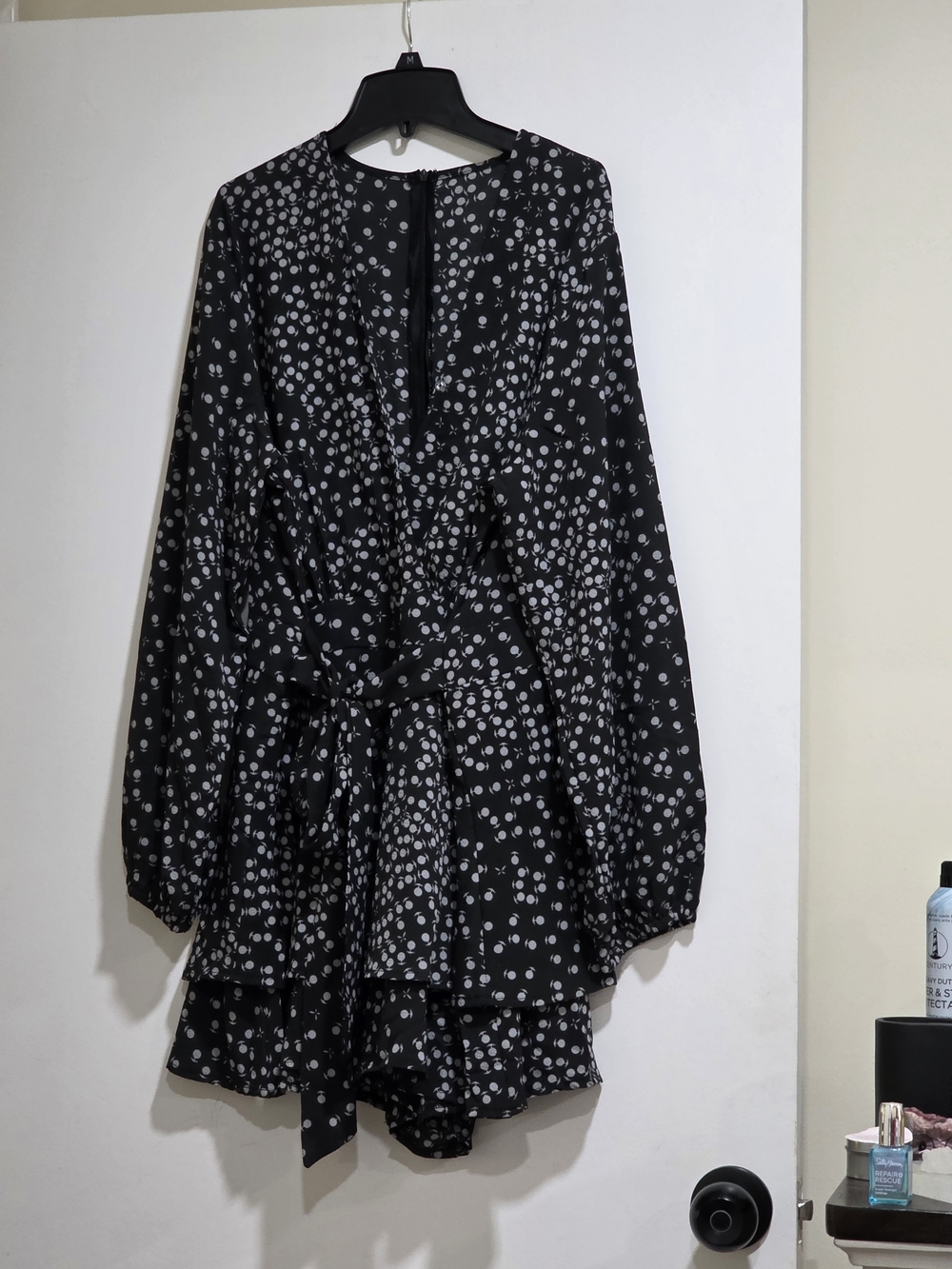 Womens Black Long-Sleeve Polka Dot Mini Dress